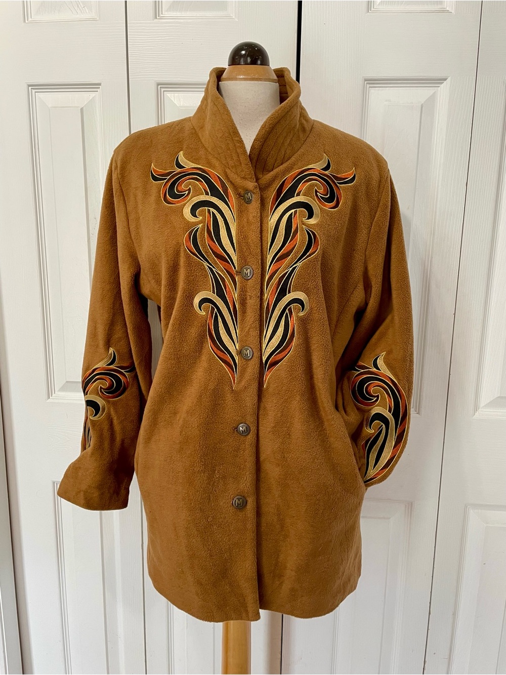 Vintage 70s Bob Mackie Wearable Art Camel Brown Embroidered Fleece Jacket